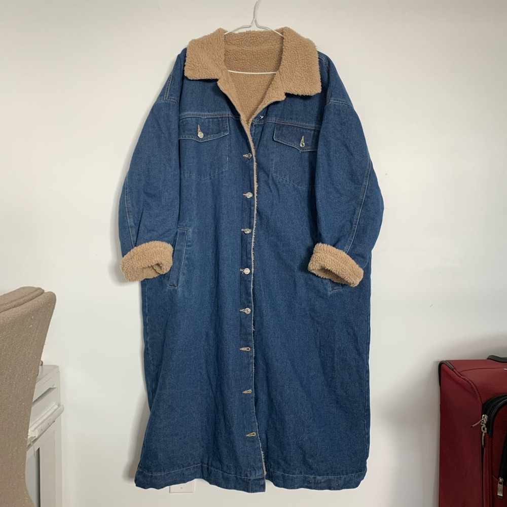 Denim Long Coat with Tan Sherpa Lining